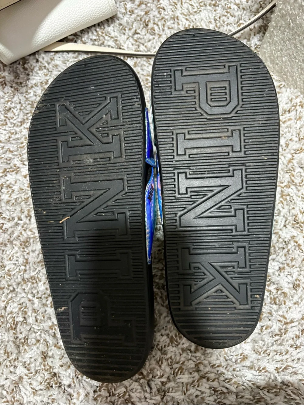 PINK Victoria's Secret Iridescent Blue-Green Logo Slide Sandals